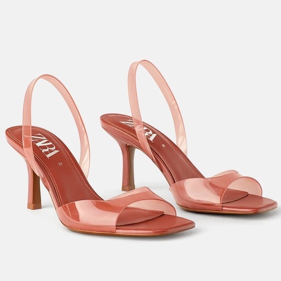 Zara Shoes - Zara Nude Vinyl Strappy Square Peep Toe Heels